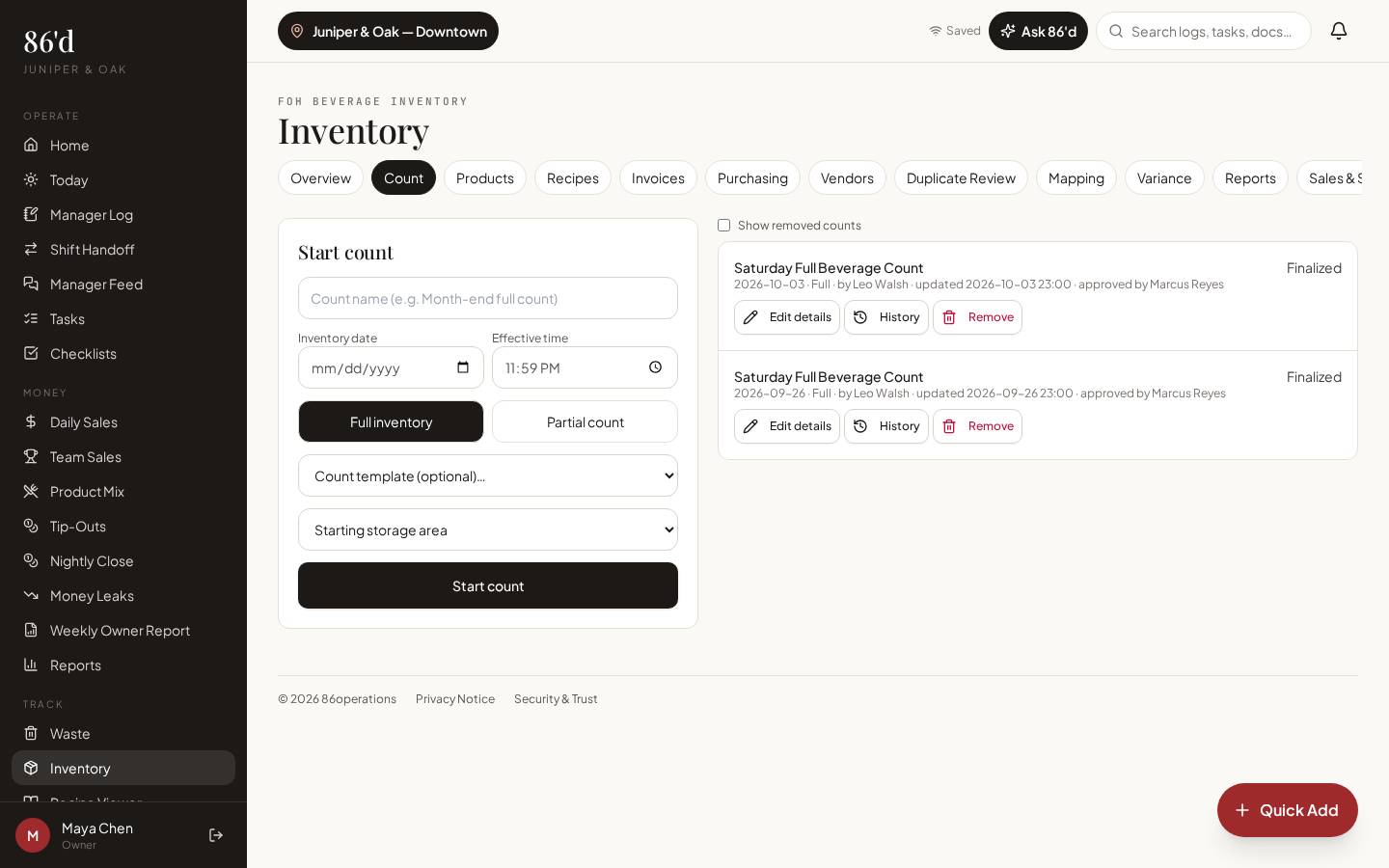 Starting an inventory count