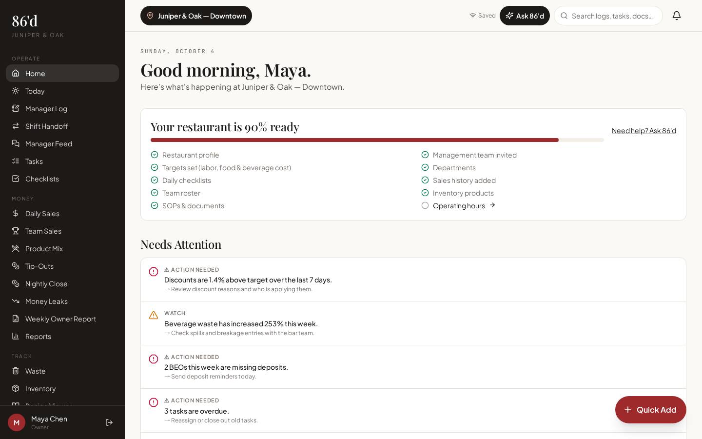 Owner dashboard showing sales, labor and targets