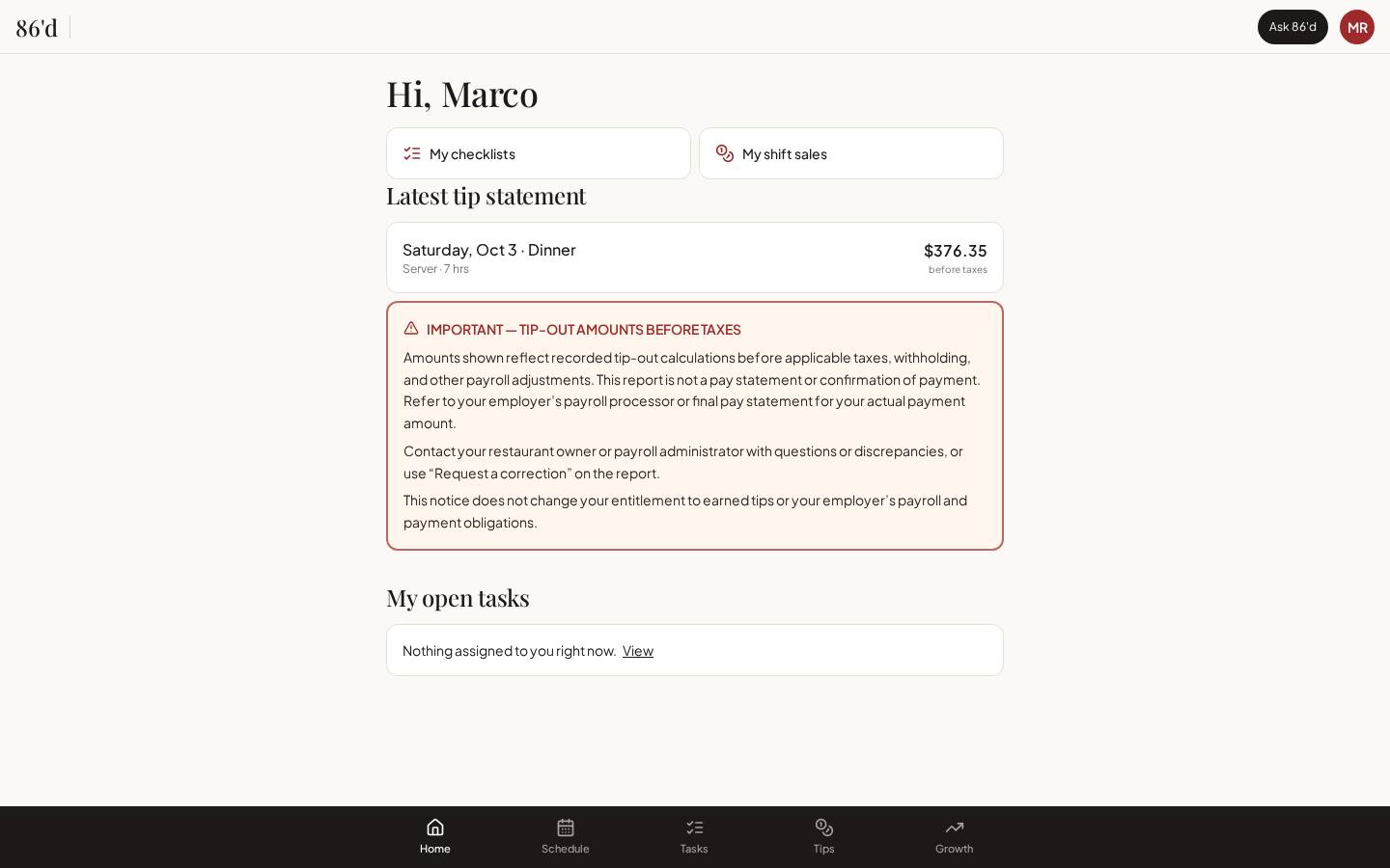 Employee app home
