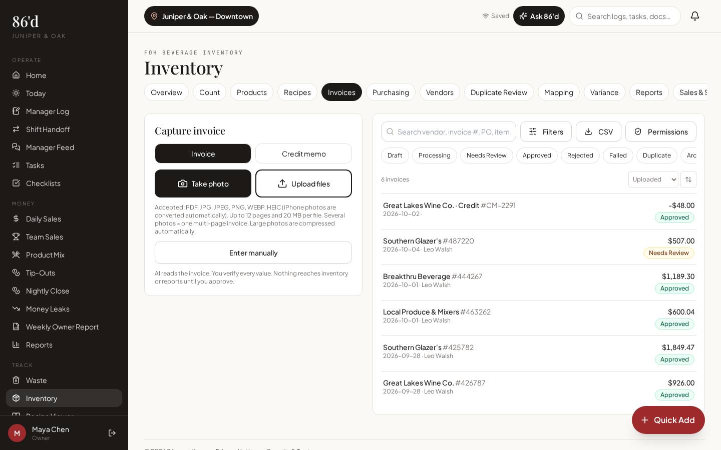 Invoice capture and review list