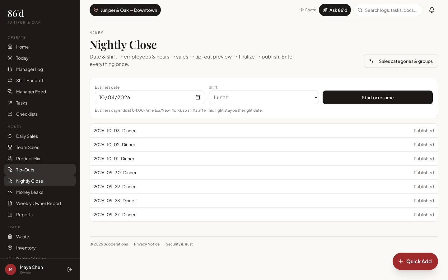 Nightly close step list