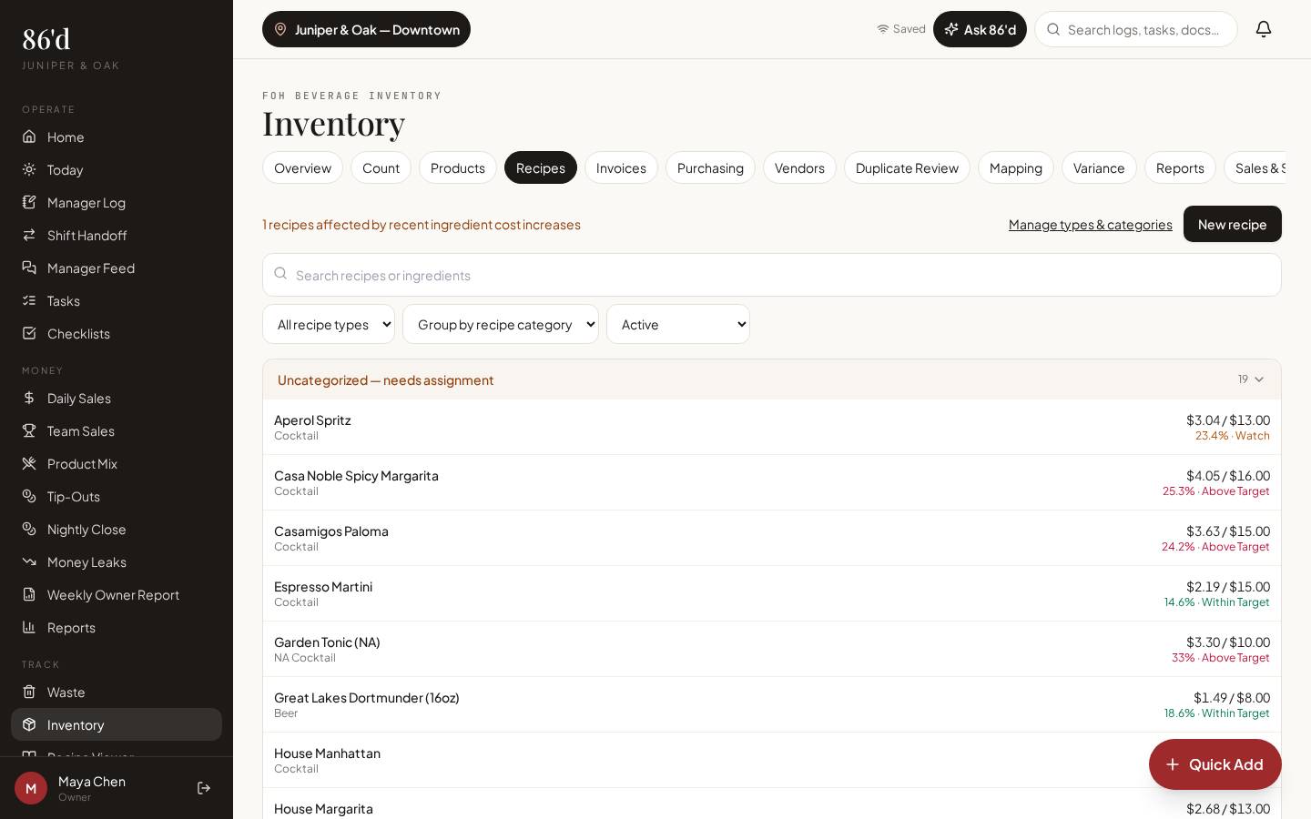 Recipe list with cost and cost %